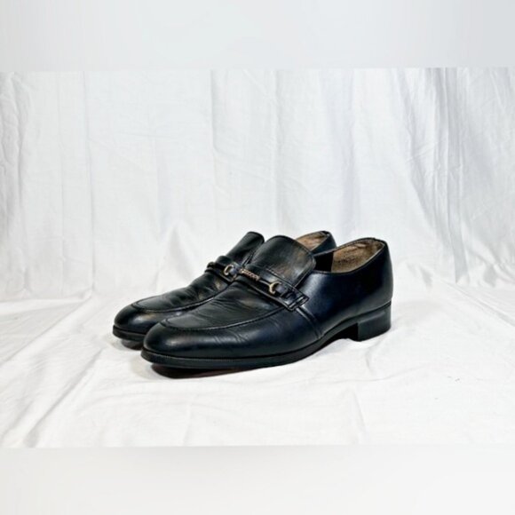 Vintage 1970s Mens Nobils Black Leather Chain Disco Slip On Loafers~9~ - Picture 1 of 8